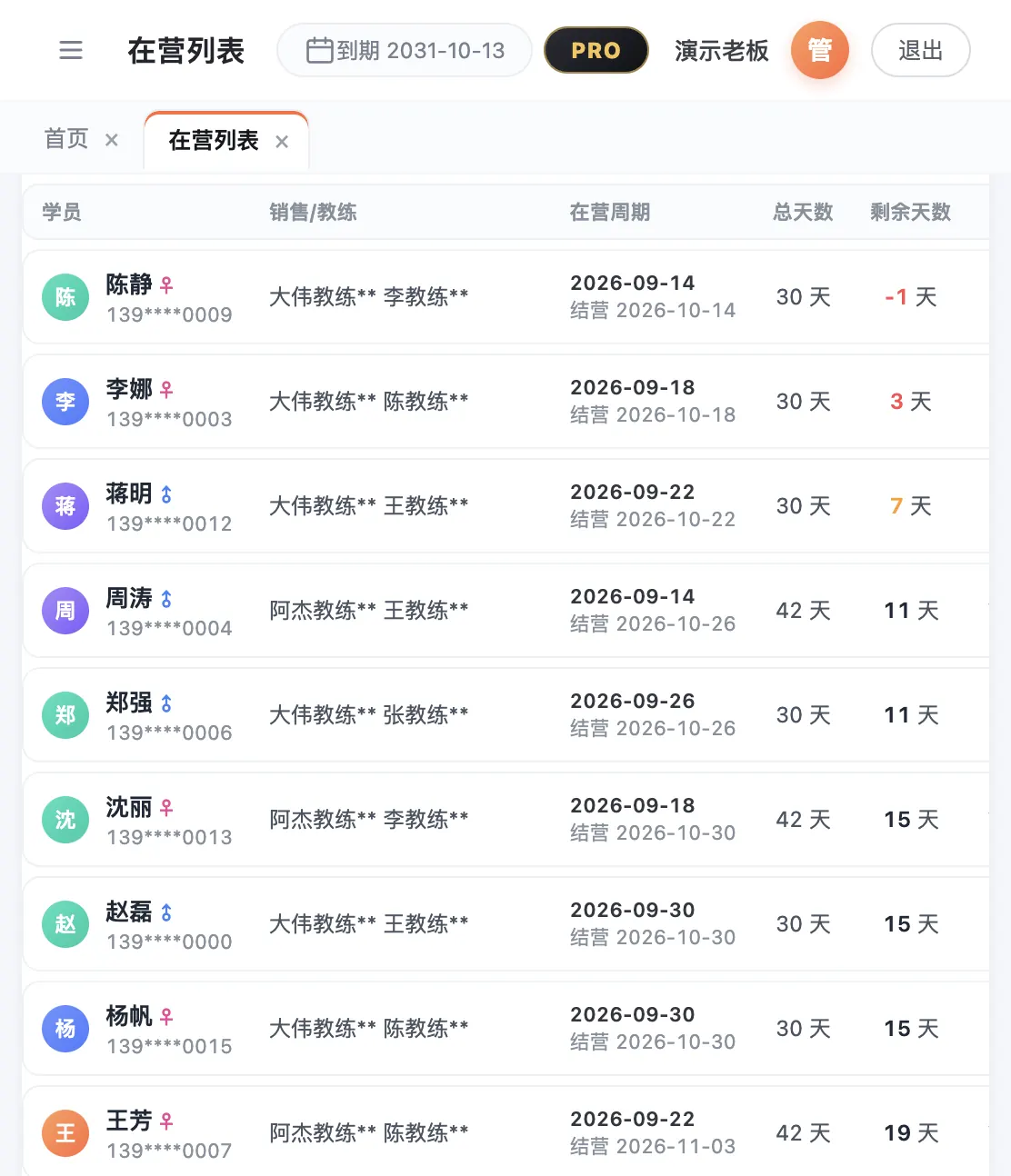 营管家 PC 管理端在营学员列表截图